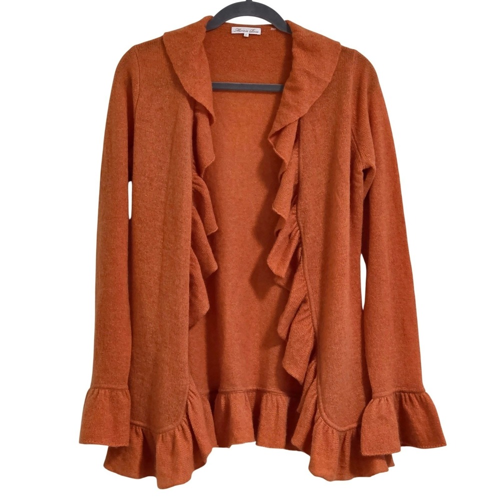 Minnie Rose Orange Ruffle Cashmere Cardigan Womens Small Open Front Sweater